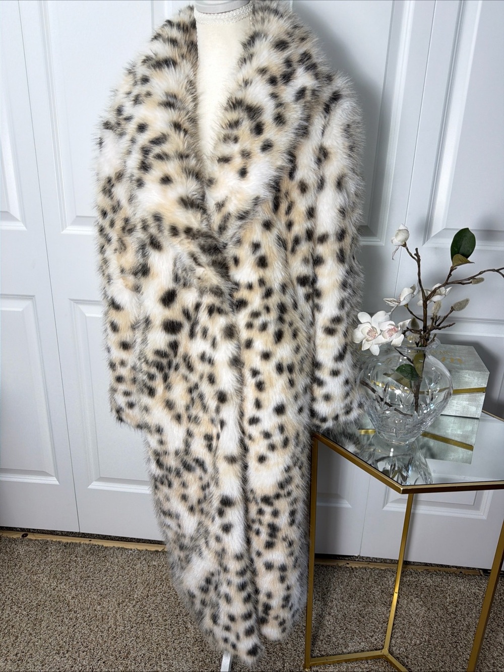 Azalea Wang Snow Leopard faux fur long statement coat machine washable